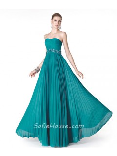 A Line Strapless Long Turquoise Chiffon Pleated Evening Dress Beaded Belt