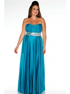 A Line Strapless Long Turquoise Silk Plus Size Evening Prom Dress With Sequins Sash