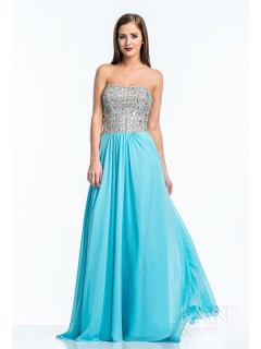 A Line Strapless Long Turquoise Chiffon Sequin Beaded Prom Dress