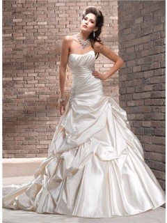 A Line Strapless Ruched Champagne Cream Colored Satin Wedding Dress With Bubble