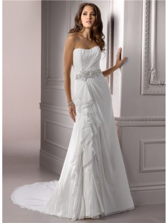 A Line Strapless Ruched Chiffon Wedding Dress With Swarovski Crystal Ruffle