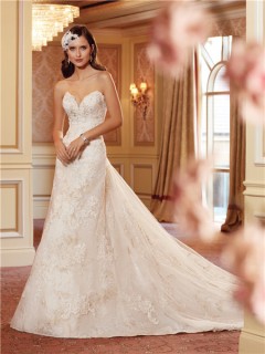 A Line Strapless Sweetheart Corset Back Lace Wedding Dress With Chapel Train