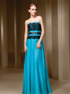 A Line Strapless Turquoise Blue Chiffon Black Lace Long Evening Dress With Crystals Belt