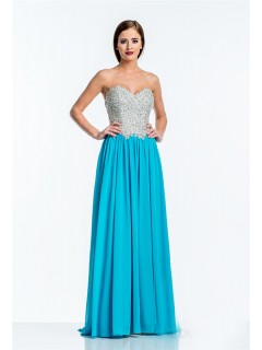 A Line Strapless Turquoise Chiffon Sequin Beaded Long Evening Prom Dress