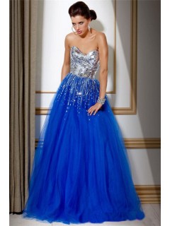 A Line Strapless long Royal Blue Tulle Sequin Evening Prom Dress