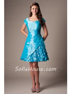 A Line Sweetheart Cap Sleeve Turquoise Blue Taffeta Prom Dress With Flowers