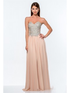 A Line Sweetheart Champagne Chiffon Sequin Beaded Long Evening Prom Dress