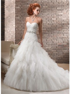 A Line Sweetheart Corset Back Tiers Tulle Wedding Dress With Crystal Belt