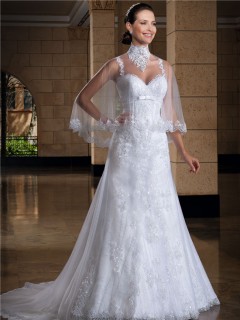 A Line Sweetheart Lace Straps Shawl Wedding Dress With Bow Belt