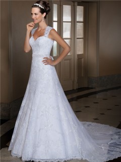 A Line Sweetheart Lace Wedding Dress With Beading Sash Detachable Train