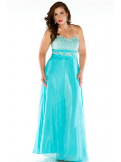 A Line Sweetheart Long Aqua Blue Chiffon Beaded Plus Size Party Prom Dress