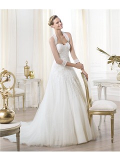 A Line Sweetheart Low Cut Back Lace Tulle Wedding Dress With Long Sleeves Jacket