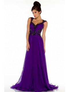 A Line Sweetheart Open Back Long Purple Chiffon Beaded Special Occasion Evening Dress