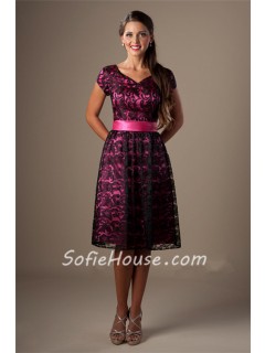 A Line Sweetheart Short Sleeve Hot Pink Satin Black Lace Modest Bridesmaid Dress