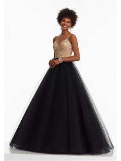 A Line Sweetheart Spaghetti Strap Black Tulle Gold Beaded Prom Dress