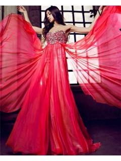 A Line Sweetheart Strapless Empire Waist Long Red Chiffon Flowing Prom Dress With Beading