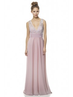 A Line V Neck And Back Long Light Pink Chiffon Lace Wedding Guest Bridesmaid Dress