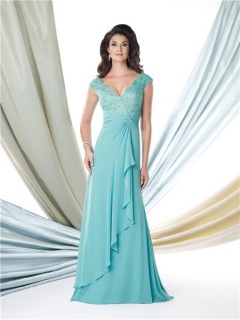 A Line V Neck Cap Sleeve Turquoise Chiffon Lace Mother Of The Bride Evening Dress