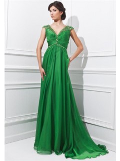 A Line V Neck Empire Waist Sheer Back Long Grass Green Chiffon Beaded Evening Prom Dress