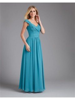 A Line V Neck Long Teal Blue Chiffon Ruched Wedding Guest Bridesmaid Dress With Straps