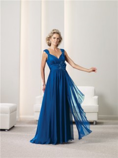 A Line V Neck Royal Blue Chiffon Mother Of The Bride Evening Dress With Flower Straps