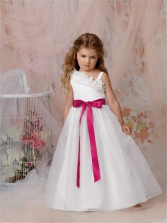 A-line Princess One Shoulder Floor Length White Organza Flower Girl Dress With Sash Bow