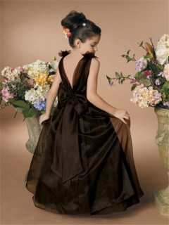 A-line Princess Scoop Floor Length Brown Organza Flower Girl Dress With Flowers Bow