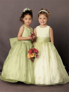 A-line Princess Scoop Floor Length Green Organza Petal Flower Girl Dress With Sash