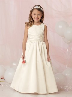 A-line Princess Scoop Floor Length Ivory Satin Lace Flower Girl Dress With Sash