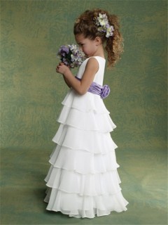 A-line Princess Scoop Floor Length White Chiffon Tiered Flower Girl Dress With Sash