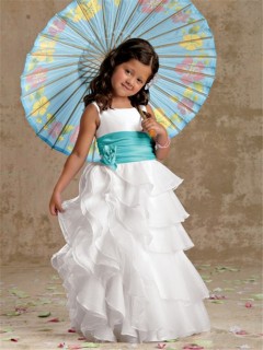 A-line Princess Scoop Floor Length White Organza Designer Flower Girl Dress With Sash Ruffles