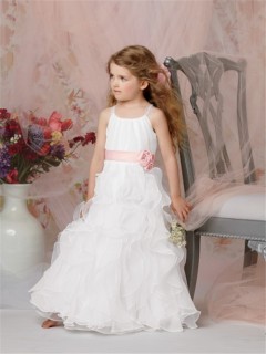 A-line Princess Scoop Floor Length White Organza Flower Girl Dress With Pink Sash Flowers