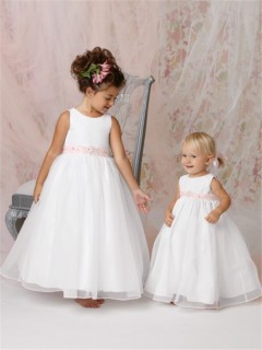 A-line Princess Scoop Floor Length White Organza Flower Girl Dress With Pink Sash
