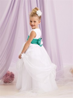 A-line Princess Scoop Floor Length White Organza Puffy Flower Girl Dress With Sash