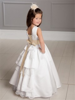 A-line Princess Scoop Floor Length White Taffeta Lace Flower Girl Dress With Sash