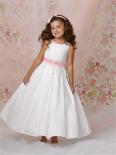 A-line Princess Scoop Long White Taffeta Flower Girl Dress With Pink Sash