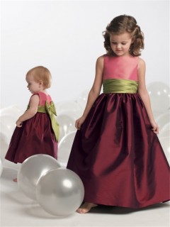 A-line Princess Scoop Tea Length Burgundy Taffeta Toddler Flower Girl Dress With Sash