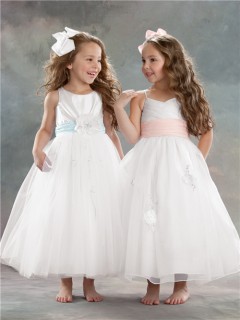 A-line Princess Scoop Tea Length White Tulle Designer Flower Girl Dress With Sash