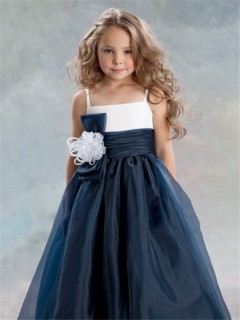 A-line Princess Spaghetti Strap Tea Length Navy Blue Organza Flower Girl Dress With Flower