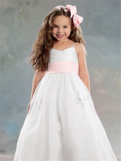 A-line Princess Spaghetti Strap Tea Length White Organza Flower Girl Dress With Pink Sash