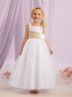A-line Princess Straps Long White Tulle lace Flower Girl Dress With sash