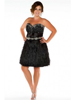 A line Strapless Short/ Mini Black Feathers Plus Size Prom Dress