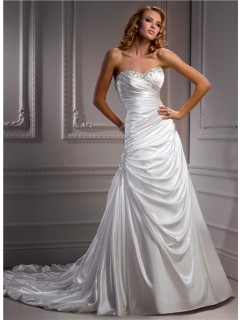 A line Sweetheart Corset Back Draped Satin Wedding Dress With Beaded Crystals