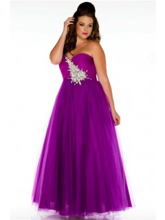 A line Sweetheart Long Purple Tulle Beaded Plus Size Prom Dress Corset Back