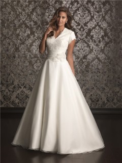 A line high neck chapel train organza lace simple wedding dress with short sleeves
