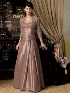 A line long brown taffeta lace mother of the bride dress with jacket