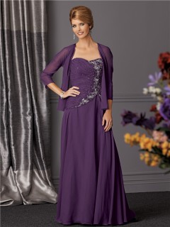 A line long purple chiffon beaded mother of the bride dress with jacket