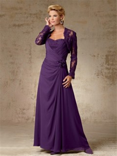 A line long purple chiffon mother of the bride dress with lace jacket