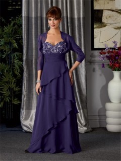 A line long royal blue chiffon beaded mother of the bride dress with jacket