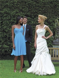 A line one shoulder knee length short blue chiffon wedding bridesmaid dress